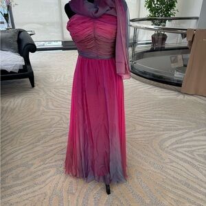 💕 Soo Yung Lee Vintage Silk Pink Ombré Spaghetti strap Ruched Gown with scarf